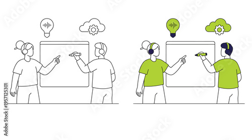 Two People Collaborating on Whiteboard with Icons