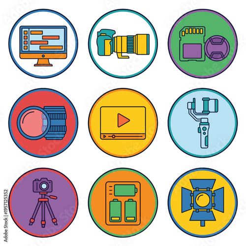 A set of nine colorful vector icons representing photography and