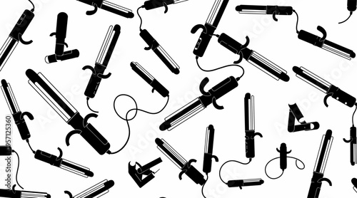 Hair curlers and irons scattered in repeating pattern on white, no seamless