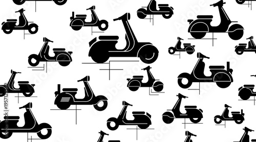 Retro scooter silhouettes arranged in repeating pattern on white, no seamless