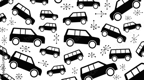 Station wagon icons scattered across white retro pattern field, no seamless