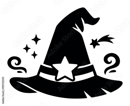 Black silhouette of a witch hat decorated with a star, sparkles, and magic swirls, symbolizing sorcery, fantasy, and Halloween