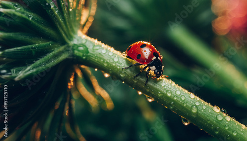 Close-up of a ladybug on a dew-covered green plant stem.