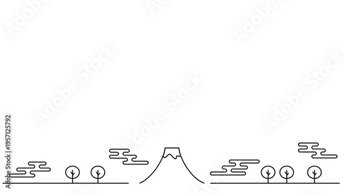 シンプルな富士山の線画イラスト 黒ライン 白背景 ワイド16:9
