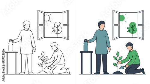 Man Watering Plant Near Window with Sun and Greenery