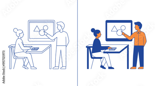 Two people discussing a diagram on a computer screen in an office