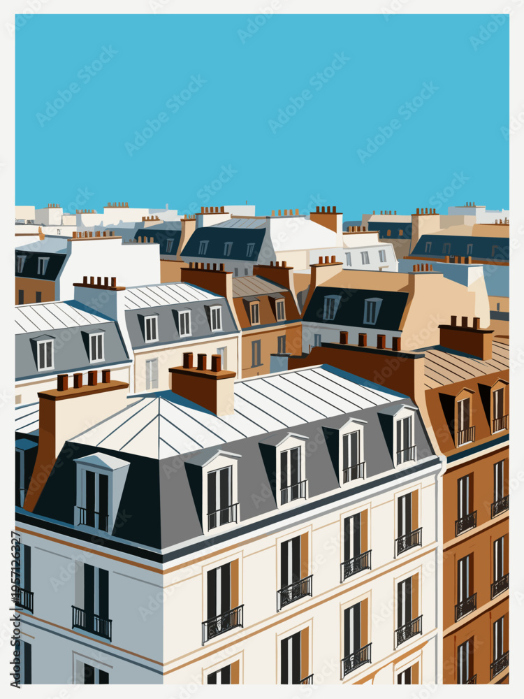 Fototapeta premium Elegant vector illustration of Paris showcasing iconic landmarks such as the Eiffel Tower, classic-style buildings, and charming street elements like cafés and lamp posts. The composition is