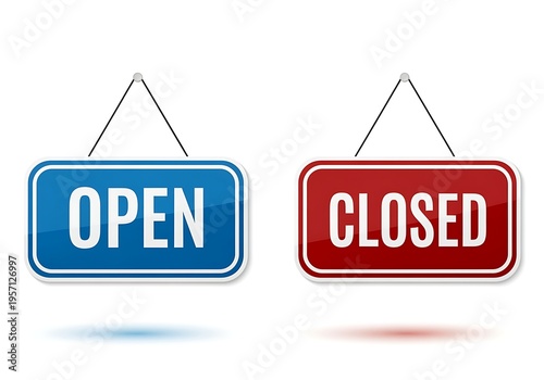 Open and closed signs hanging on strings  business hours indicators