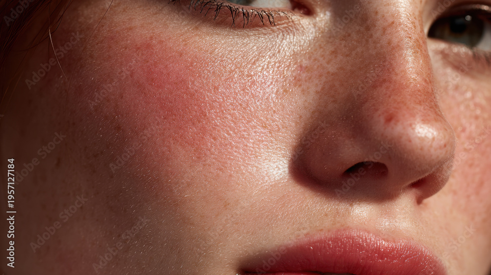 Obraz premium Closeup of human face with redness rosacea and irritated skin texture showing sensitive dermatology condition and healthcare concept