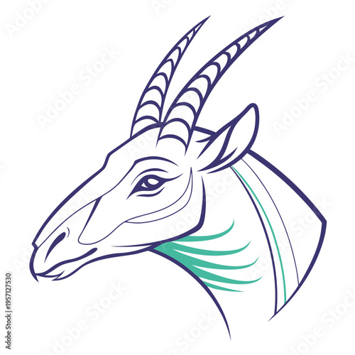 Vector antelope head illustration, blue and green lines
