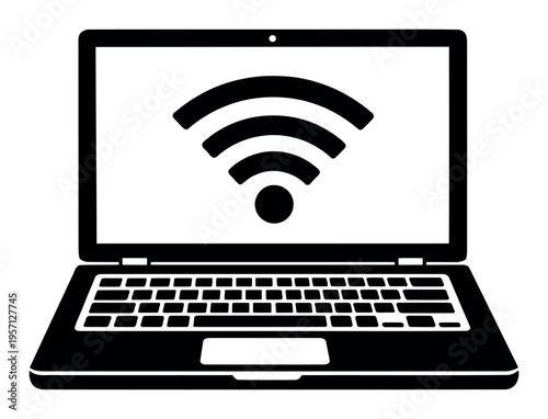 Laptop with wifi icon on screen, symbolizing wireless network, internet access, communication, and modern digital technology