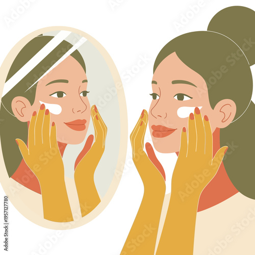 Woman Applying Face Cream to Her Face Looking in Mirror