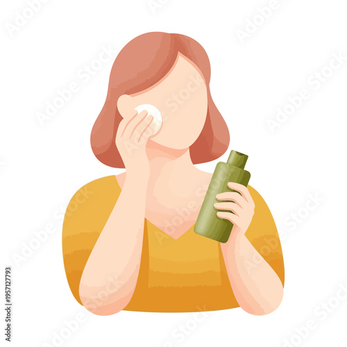 Skincare Routine of Woman Applying Toner to Her Face with a Cotton Pad