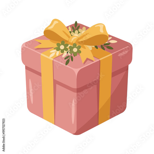 Gift Box with Yellow Ribbon Bow and Floral Decoration for Celebrations