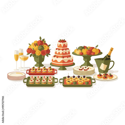 Buffet Table Laden with Festive Food Drinks and Decorative Fruit