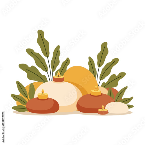 Spa Relaxation Flat Illustration with Candles Leaves and Smooth Stones