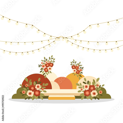 Event Stage Decorated with String Lights and Autumn Flowers