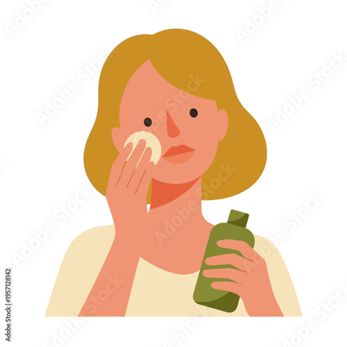 Skincare Routine of a Young Woman Applying Facial Toner to Her Face