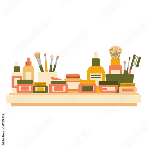 Beauty Skincare and Makeup Products Collection on a Shelf