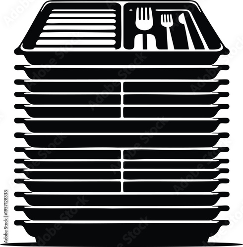 Stack of clean dishes and cutlery in a drying rack minimalist vector illustration for kitchen or restaurant concepts isolated on white