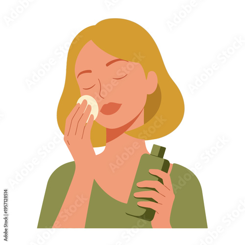Skincare Woman Using Cotton Pad on Face with Product Bottle