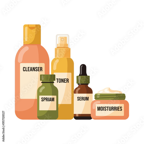 Skincare Routine Products with Cleanser Toner Serum and Moisturizer