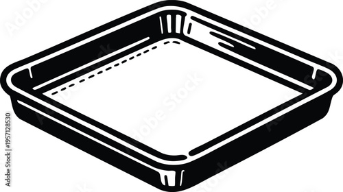 Empty black baking tray simple line art illustration of a square metal pan for cooking and baking isolated on white background