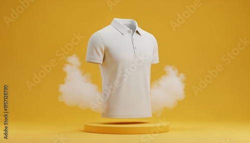 Mock up 3D white polo shirt on a yellow background podium with light smoke, Ai generated Images