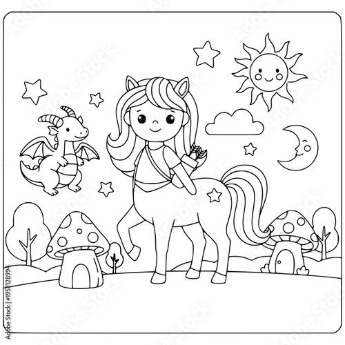 Centaur coloring page with a young mythological archer and a small dragon