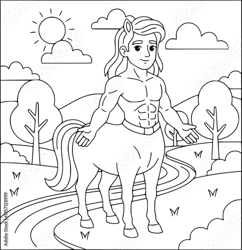 Centaur coloring page with a muscular mythological hero in a peaceful landscape