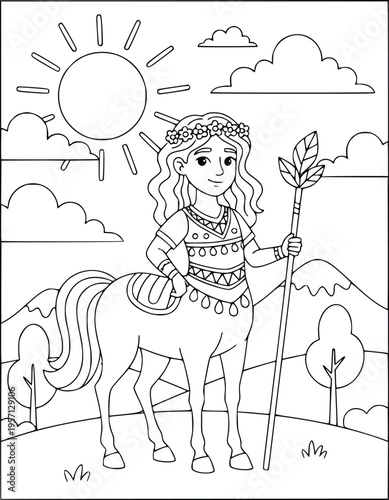 Centaur coloring page with a graceful mythological girl holding a leaf staff