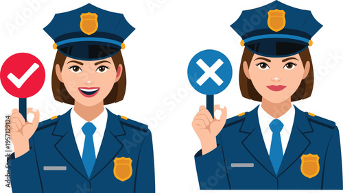 Female police officer holding yes and no signs, approval rejection concept, security authority illustration, decision making, law enforcement character design