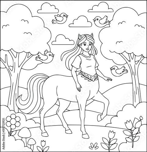  Mythology female centaur walking through a forest with birds coloring page