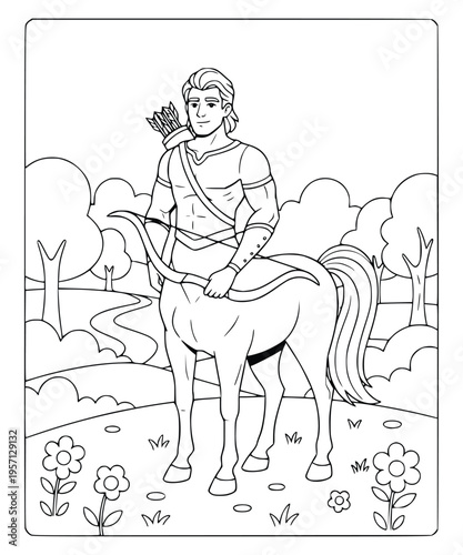 Mythology centaur archer standing in a scenic forest path coloring page