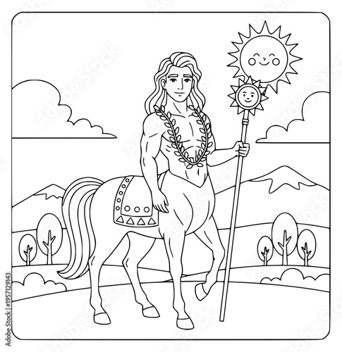Mythology centaur holding a sun staff in a mountain valley coloring page
