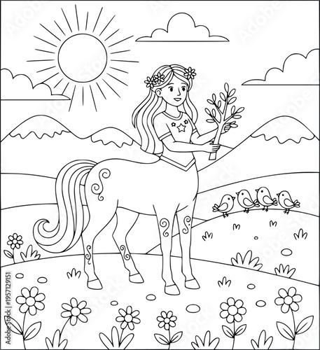  Mythology female centaur holding a leafy branch in a valley coloring page