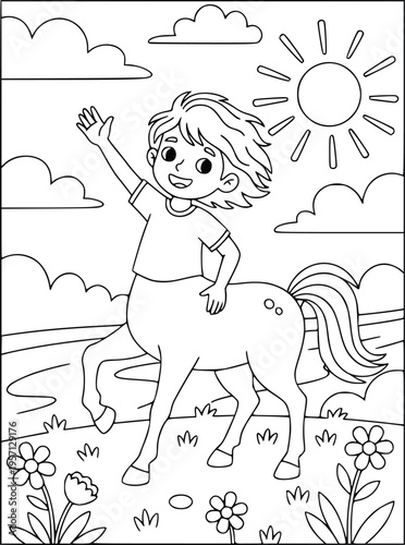Mythology centaur waving his hand in a sunny outdoor park coloring page