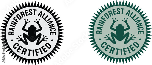 Rainforest Alliance certified seal badge with frog logo, eco friendly certification mark, sustainable product label, environmental protection symbol design concept