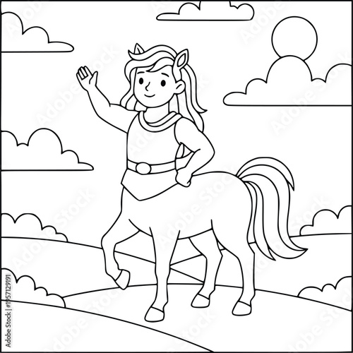 Mythology centaur girl waving her hand in a sunny outdoor park coloring page
