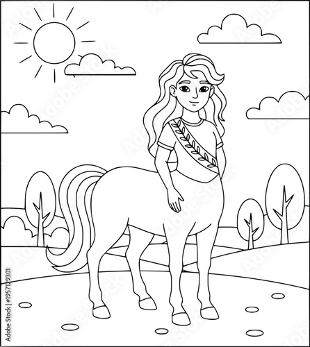 Centaur coloring page with a young mythological girl wearing a leaf sash