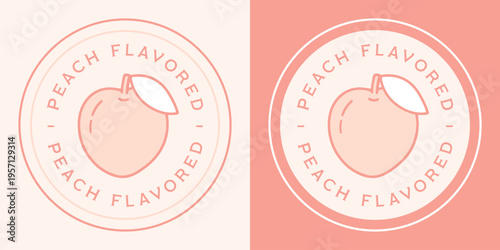 Peach flavored logo fruit flavor label round sticker illustration for drink and dessert with natural flavoring. Pastel soft pink retro vintage aesthetic iced tea stamp circle frame packaging design.