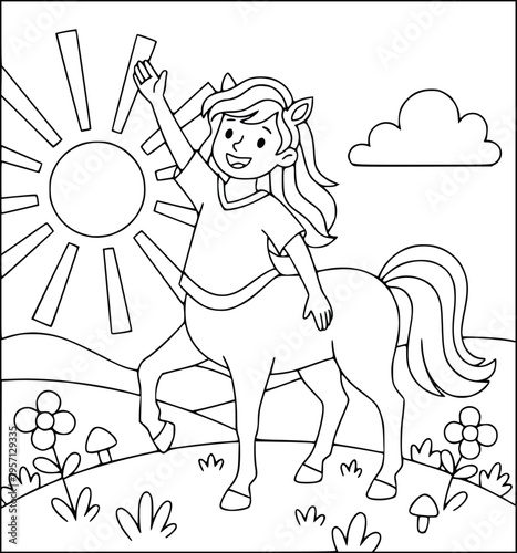 Centaur coloring page with a joyful mythological girl waving in a sunny field