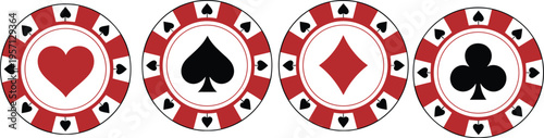 Poker chips set with card suits symbols, casino gambling tokens, red white chips design, blackjack game concept, gambling illustration collection