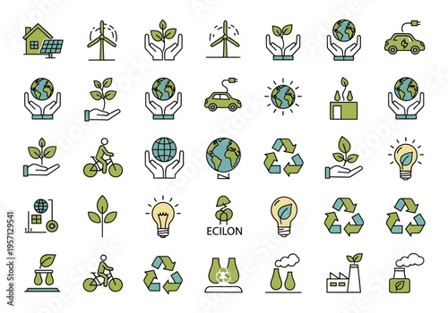 Eco friendly icons set for sustainable living and environmental conservation, green and blue vector symbols