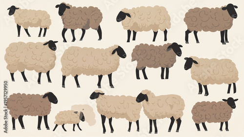 sheep illustrations in varied poses with rounded wool textures and black faces and legs, arranged on a light neutral background in soft beige and brown tones hues.
