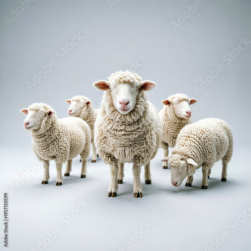 sheep with thick, textured fleece and light faces are arranged in a studio, with a prominent sheep facing the camera while others stand around it on a clean, light gray surface.
