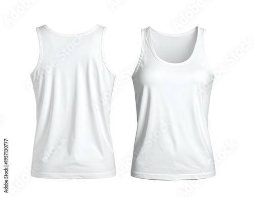 Two blank white sleeveless tops, front and back views