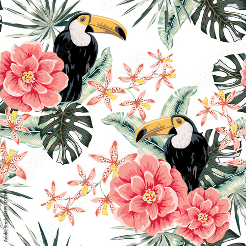 Tropical toucans, pink roses, orchid flowers, palm leaves, white background. Seamless pattern. Vector illustration. Exotic plants, birds. Summer beach design. Paradise nature