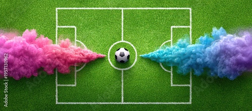 Gender Reveal Party Concept Soccer Theme Pink And Blue Smoke On A Football Field Baby Shower Celebration Expecting Parents New Life