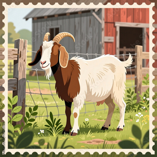 a brown and white horned goat chewing leaves standing on grass before rustic wooden fence with wire mesh, enclosed by unique white vector style border.